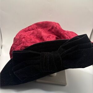 Vintage Deborah Rhodes Black Felt Hat Red Brocade Lining Velvet Bow 1970s